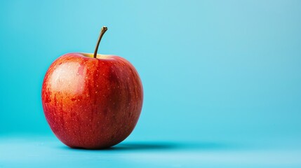 Wall Mural - A single red apple with water droplets on a blue background.