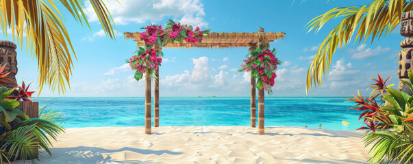 Wall Mural - A tropical beach podium with a thatched roof and bamboo structure, set on a white sandy beach with clear blue water. The podium is adorned with vibrant tropical flowers and tiki statues, perfect for a
