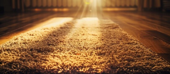 Poster - Soft carpet on wooden floor creating a beautiful ambiance with copy space image.