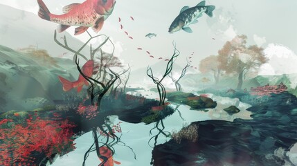 Wall Mural - A landscape where the rivers flow upwards, defying gravity, with fish swimming through the air. 