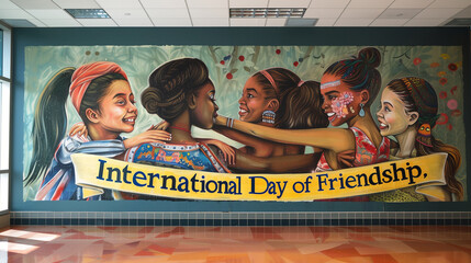 Wall Mural - A community center with a mural depicting girls of different cultures and backgrounds embracing each other, alongside a banner that reads 