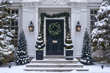 elegant beautiful minimal home decor of a front yard of brick suburban house with small Christmas trees and black front door with a festive xmas wreath