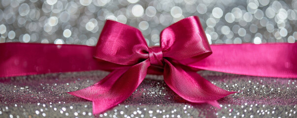 Wall Mural - A vibrant magenta ribbon bow on a silver glitter background. The bold color and sparkling texture create a striking and modern look.