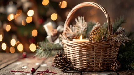 Canvas Print - Festive Christmas Decor with Wicker Basket and Candle on Wooden Table