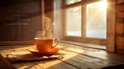 Wall Mural - cup of coffee on a wooden table by a window, with a blank chalkboard on the wall for text,