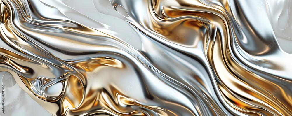 An abstract background of liquid metal in shades of gold and silver ...