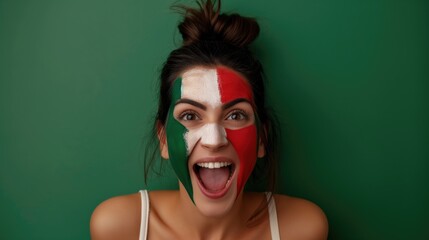 Girl football fan with a painted Italian flag on her face emotionally celebrates the victory of her favorite team on a green background. Football and sport concept