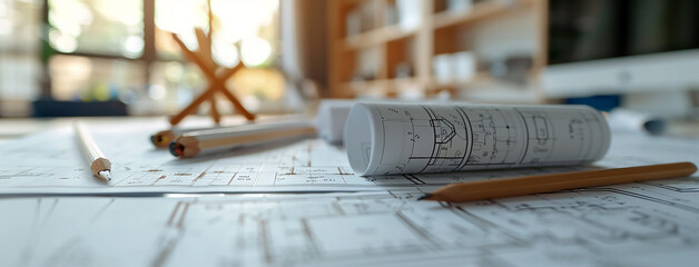 a wide angled horizontal macro closeup photo of yellow color drawing pencils on an architectural blueprint drawings and drawing role on a table 