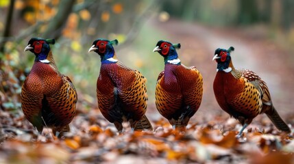 Wall Mural - Four Pheasants in Autumnal Forest