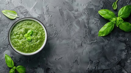 Canvas Print - Green vegetable soup in grey bowl on grey background top view Vegan soup puree with vegetables Vegetarian and healthy food Panorama with space for text