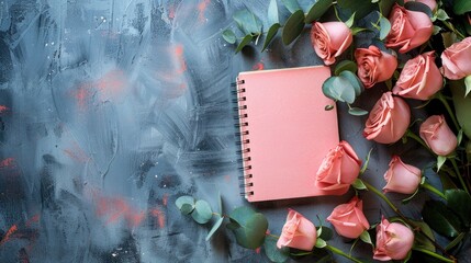 Canvas Print - Desk arrangement with notebook roses eucalyptus pink paper Top down view empty space