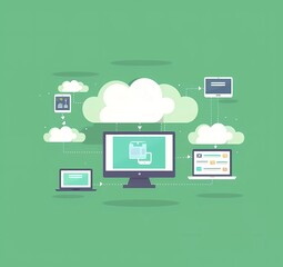 Poster - vector flat style web design cloud with devices connected to it in the style of vector illustration, simple and clean, no shadow on green background