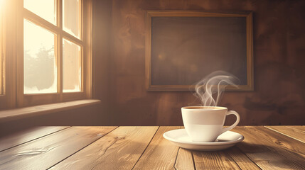 Wall Mural - A cozy  scene with a steaming cup of coffee on a wooden table by a window, with a blank chalkboard on the wall for text,