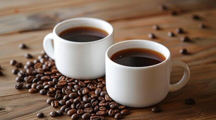 Poster - Brewed coffee in white mugs on wood surfaces with coffee beans