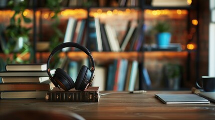 Poster - headphones on books at home study desk
