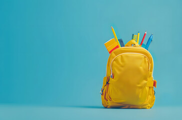 The yellow backpack is on a blue background. School, students, campus life, stationery.