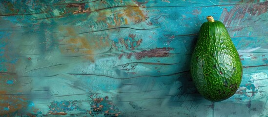 Poster - Avocado positioned on a blue wooden backdrop with space for text or design.