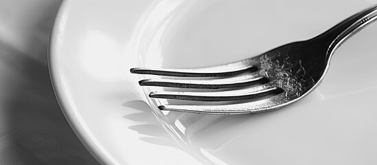 Aufkleber - Monochrome image of a fork on a plate with copy space image available.