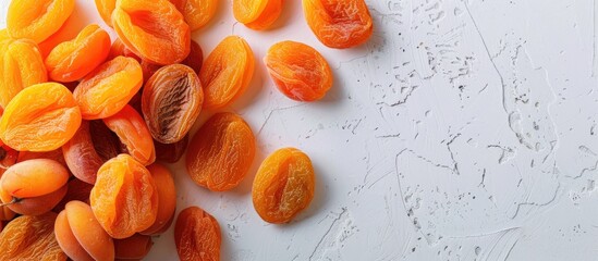 Poster - Top-down view of rich dark dried apricots on a white backdrop with copy space image.