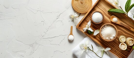 Poster - Spa-themed wooden tray arrangement on white backdrop with copy space image.
