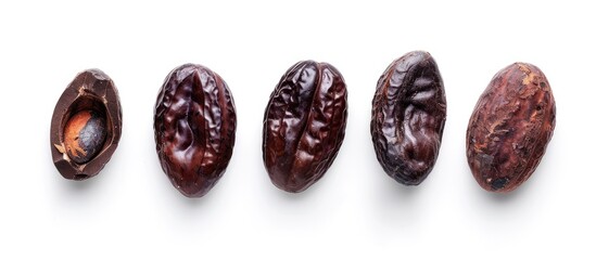 Poster - Top view of raw cacao beans isolated on white background with clipping path for copy space image.