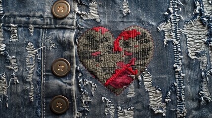 Poster - Valentine s Day camo denim backdrop with heart patch label grey denim base bronze buttons Text space available