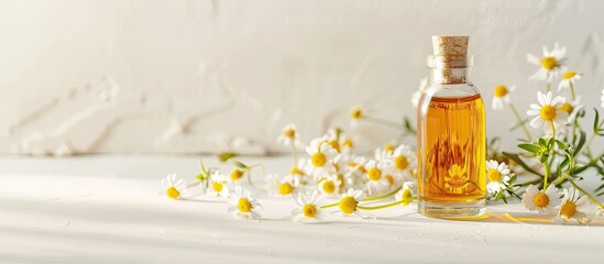 Poster - Chamomile essential oil, glass bottle, pipette, and chamomile flowers on a white table create a soothing spa scene with a copy space image.