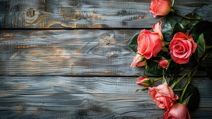 Poster - Romantic rose arrangement on rustic wood background