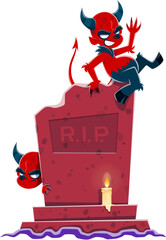 Wall Mural - Cartoon Halloween scary devil characters near tombstone. Vector menacing, red-skinned imps with sharp horns and a sinister grin lurks by a candlelit grave stone, casting eerie shadows on spooky night