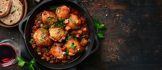 Canvas Print - Top view of chicken chilindron in a rich vegetable sauce with red wine and cured ham. Includes a copy space image.