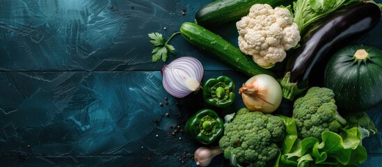 Poster - Vegetables like zucchini, cauliflower, onion, cucumber, paprika, and eggplant beautifully arranged on a dark blue wooden backdrop, perfect for copy space image.