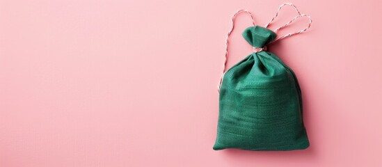 A petite green cotton bag placed on a pink paper surface with copy space image.