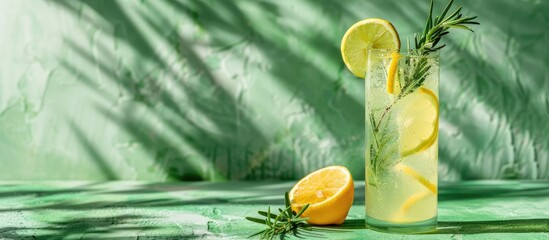 Poster - Refreshing carbonated beverage featuring lemon and rosemary on a green backdrop with a copy space image.