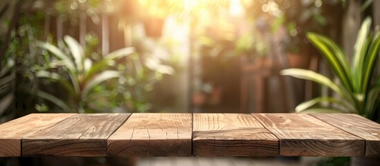 Poster - Blank wooden board on a table with a blurred background, ideal for displaying or showcasing products with a copy space image.