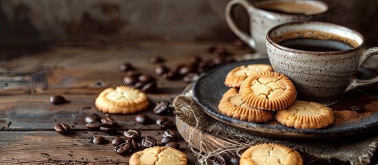 Poster - Italian Savoiardi cookies and coffee displayed in a rustic style setting with selective focus on a copy space image.