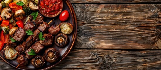 Poster - Horizontal photo of a traditional Ramadan mix kebab plate with beef, baked vegetables, mushrooms, and tomato sauce on a wooden background, featuring copy space image.