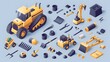 © Farid - Construction bulldozer and factory isometric style icon design of remodeling working and repairing theme.