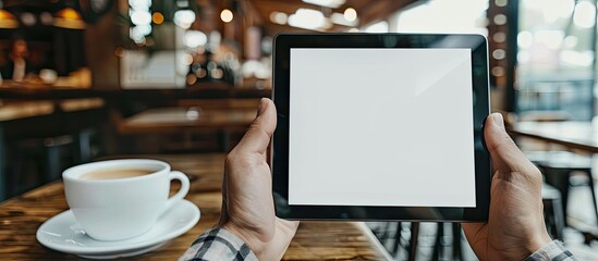 Leinwandbilder - Coffee cup featured in a cafe setting with a black tablet PC held in hands showing a blank white screen; perfect for copy space image.