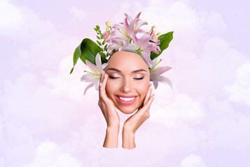 Wall Mural - Composite photo collage of happy smile girl wear lily wreath flower bloom skin care concept smooth extract isolated on painted background