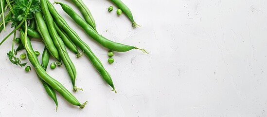 Poster - White background featuring isolated fresh green beans and ample copy space image.