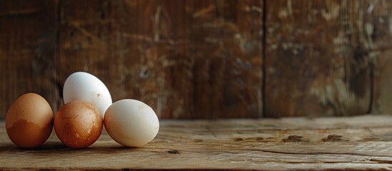 Poster - Three eggs displayed on a rustic wooden table with copy space image.