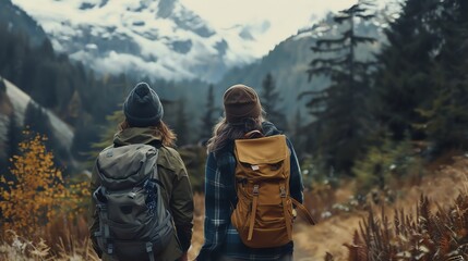 Wall Mural - Three people are hiking in the mountains.