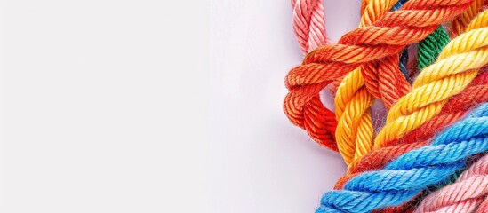 Poster - Top view of vibrant thread rope with copy space image on white background.
