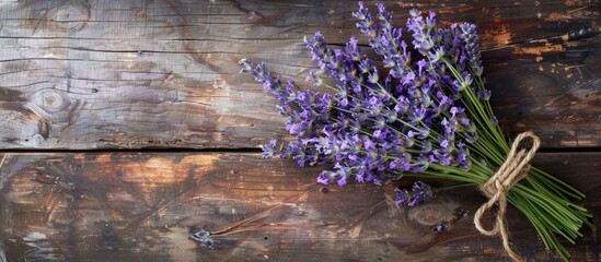 Poster - Lavender bouquet displayed on rustic wooden table with copy space image.