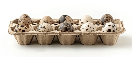 Sticker - Close-up of quail eggs in cardboard packaging on a white background with isolated copy space image.