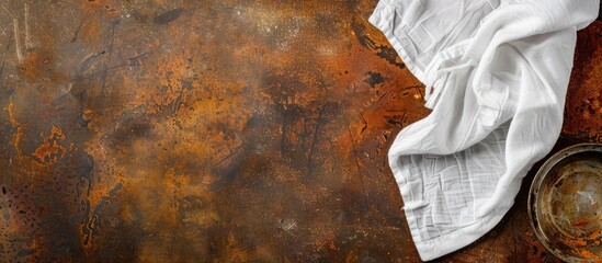 Aufkleber - Top view of a kitchen table with a rusty surface and a white towel, ideal for a copy space image.
