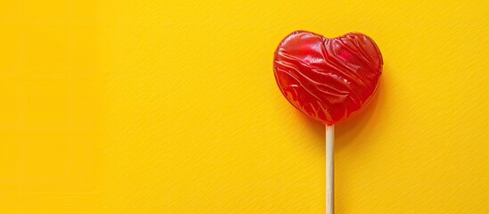 Wall Mural - Valentine's heart-shaped lollipop on a yellow backdrop with top view for text in the image.