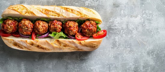 Wall Mural - Top view image featuring a submarine sandwich filled with meatballs against a gray backdrop with space for additional content or graphics.