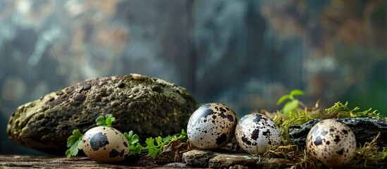 Canvas Print - Quail eggs displayed in a natural setting with copy space image.