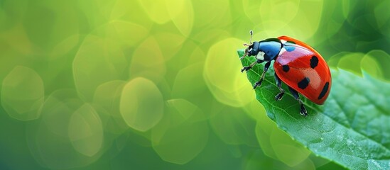 Poster - A close-up of a ladybug on a leaf with a red body against a blurred green background, ideal for copy space image.